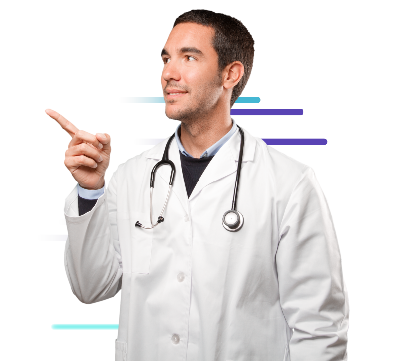 Médico apontando para a logo